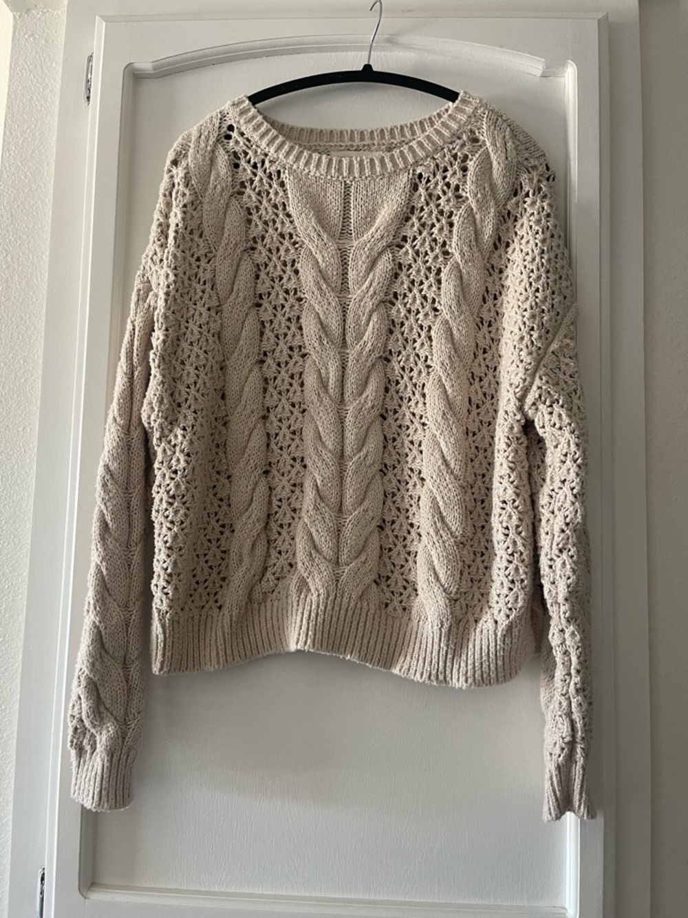 Lucky Brand Beige/Cream Cable & Openwork Crewneck Sweater